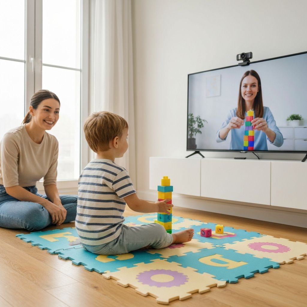 Child learning through TV with webcam, stacking letter blocks with teacher