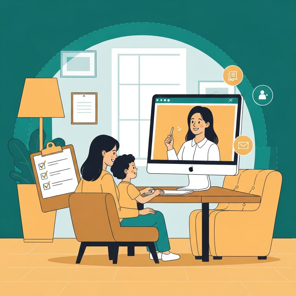 Child and parent during virtual assessment with friendly teacher