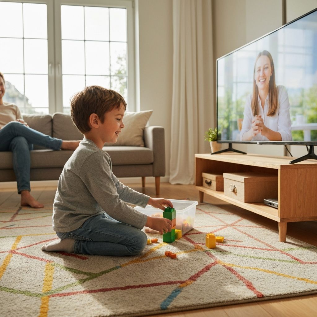 Child engaged in virtual learning from home with parent watching